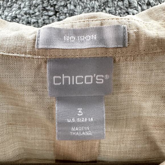 Chico's Size 3 100% Linen Beige Button Up Top Summer Casual Classic Vacation - Picture 4 of 8